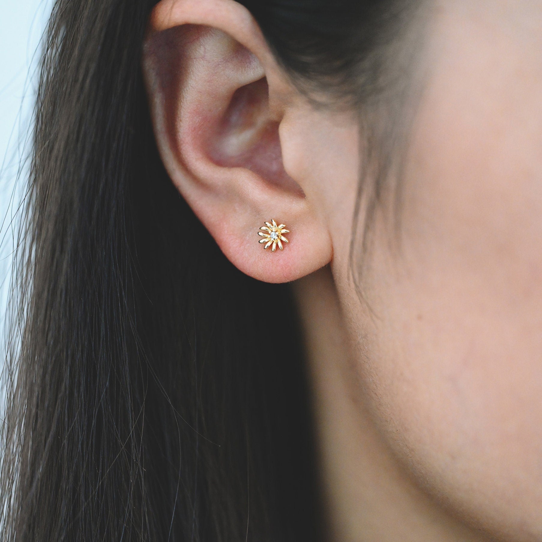 10pcs CZ Pave Gold Flower Ear Posts 6mm, Gold Plated Brass Stud Earrings, DIY Ear Findings (GB-3381-A)